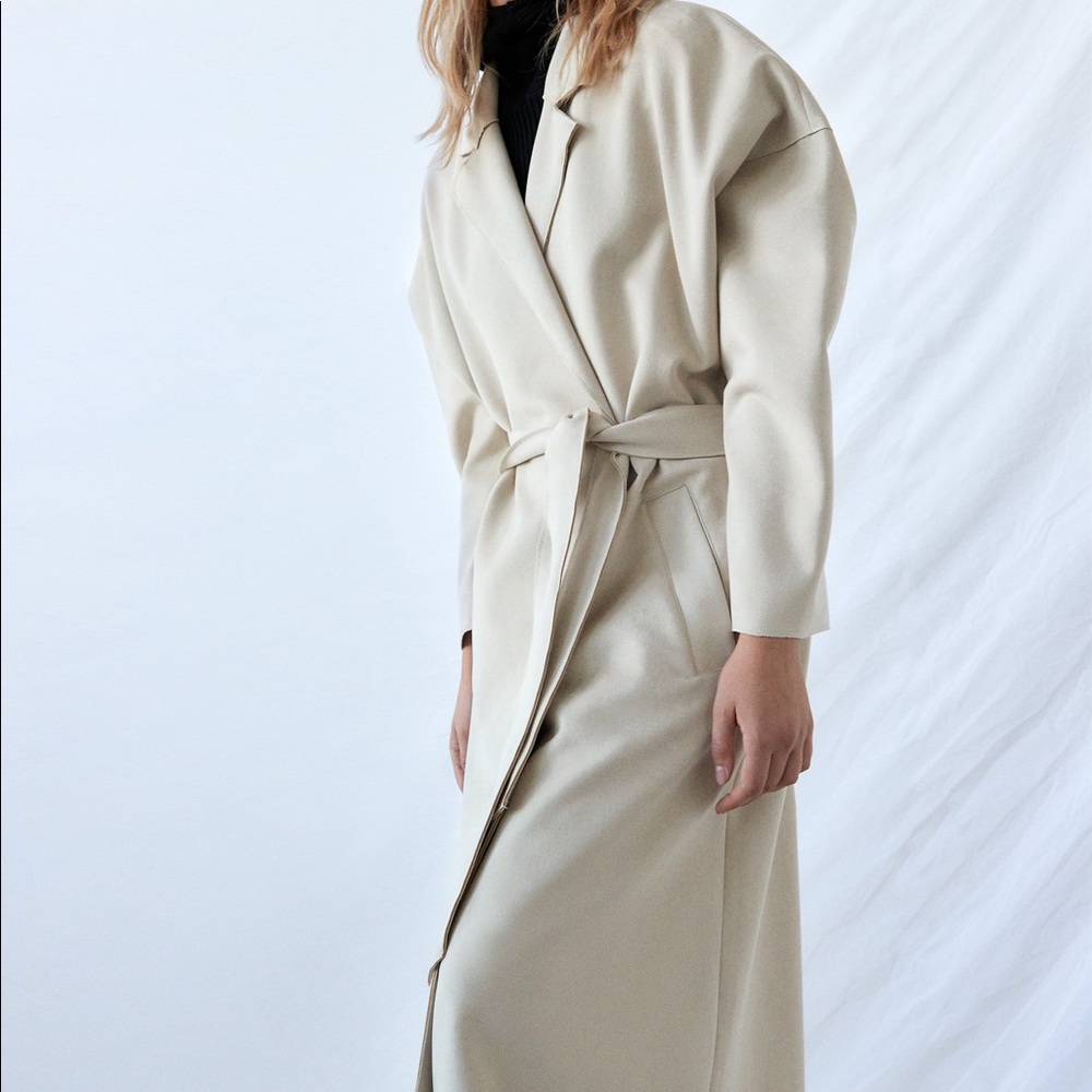 Zara BLACK midi length faux suede coat with ties